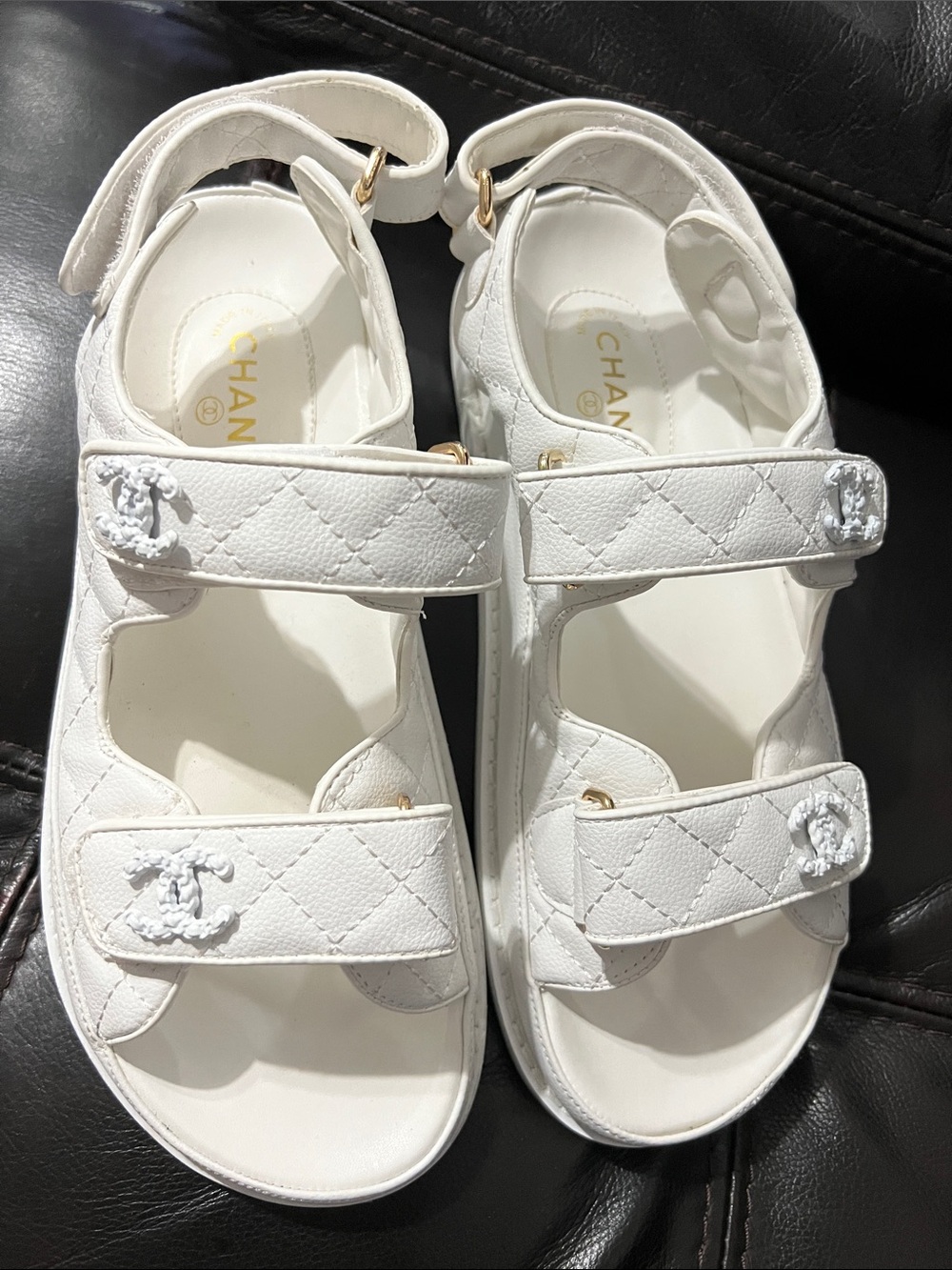 BRAND NEW! CHANEL White Quilted Double-Strap Sandals with CC Accents